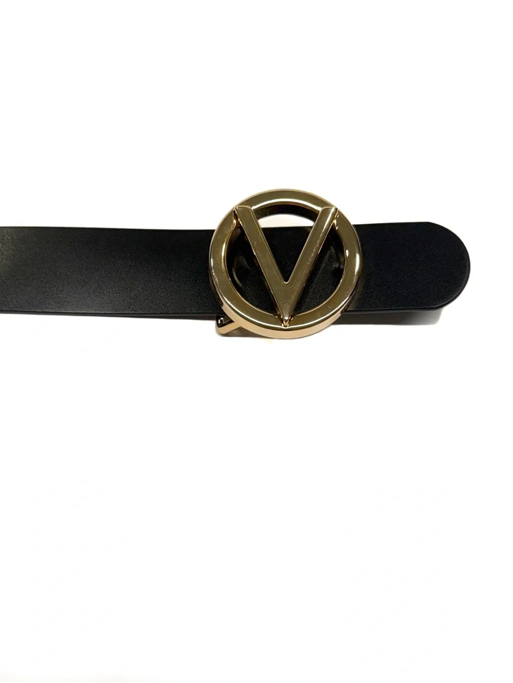 Valentino Gold V Logo Black Leather Belt NWT